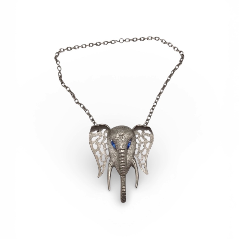 Vintage Signed Celebrity Elephant Necklace, Silver Tone Blue Rhinestone Eyes 70s